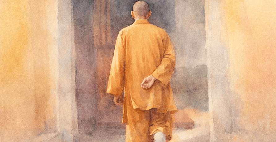 Meditating monk walking away in orange robes, symbolizing mindfulness and spiritual practice.