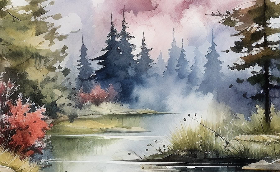 Serene forest scene with a calm lake surrounded by pine trees in watercolor style.